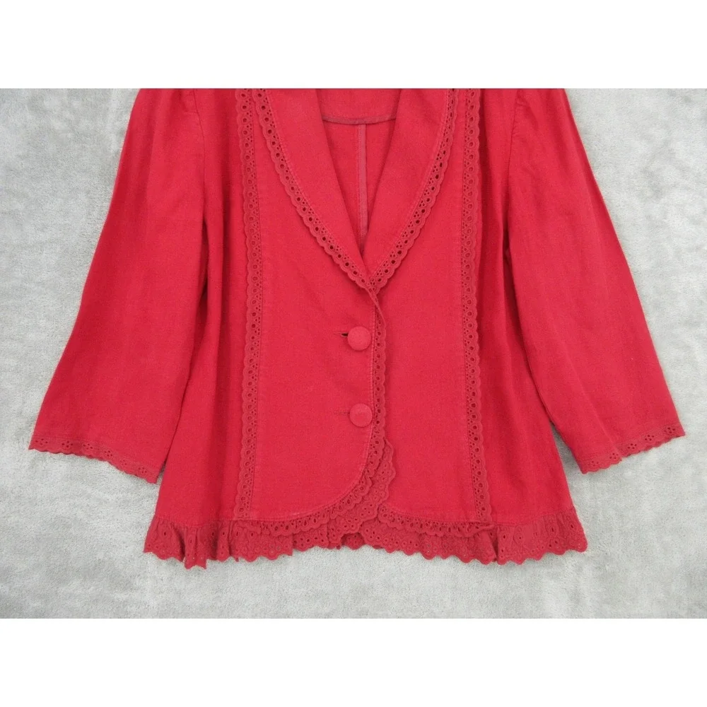 Per Una Jacket‎ Womens 10 Linen Eyelet Lace Trim Ruffle Blazer Office Career Red